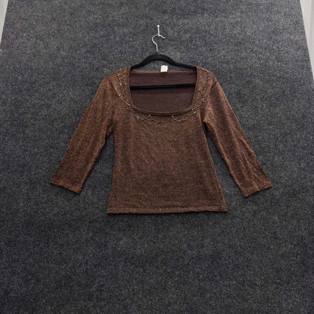 Anni Kuan Brown Metallic Bronze Beaded Square Neck Knit Top 3/4 Sleeve Small